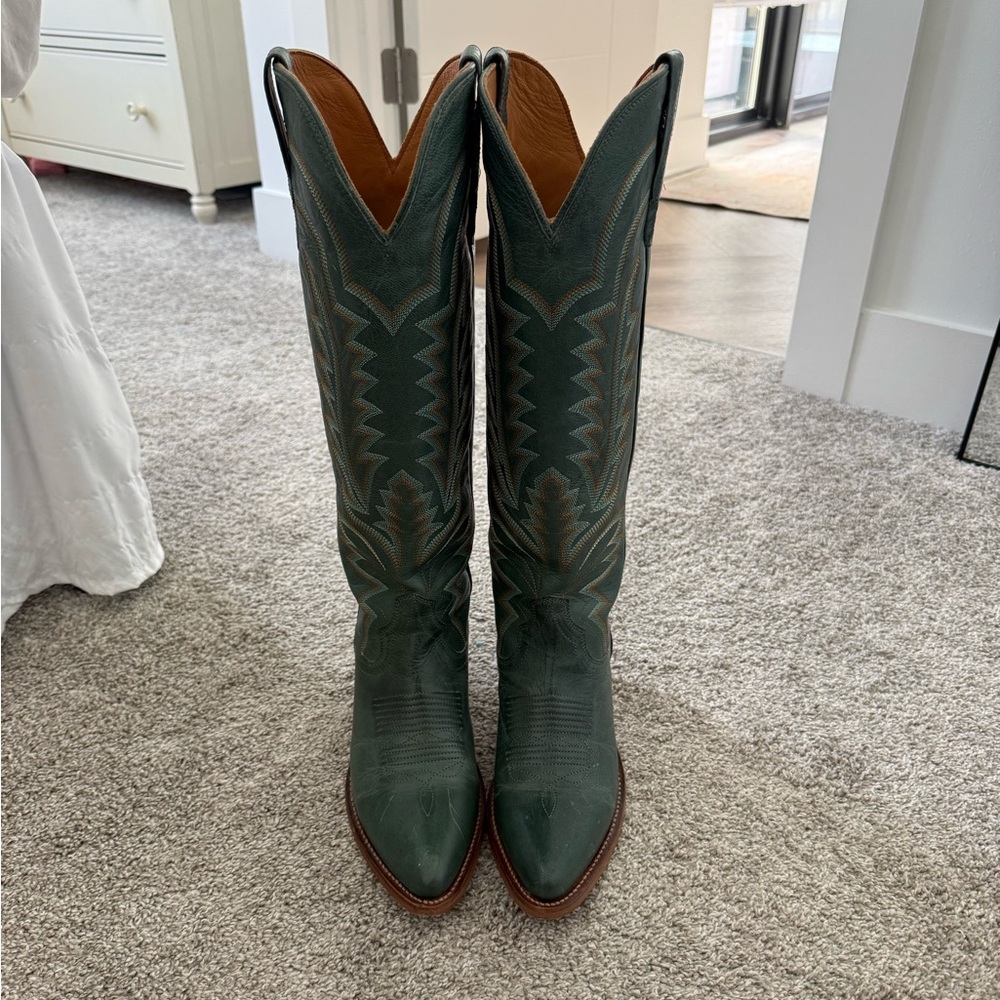 Tecovas Over-the-Knee Western Boots in Dark Green with Brown Trim - Picture 2 of 6